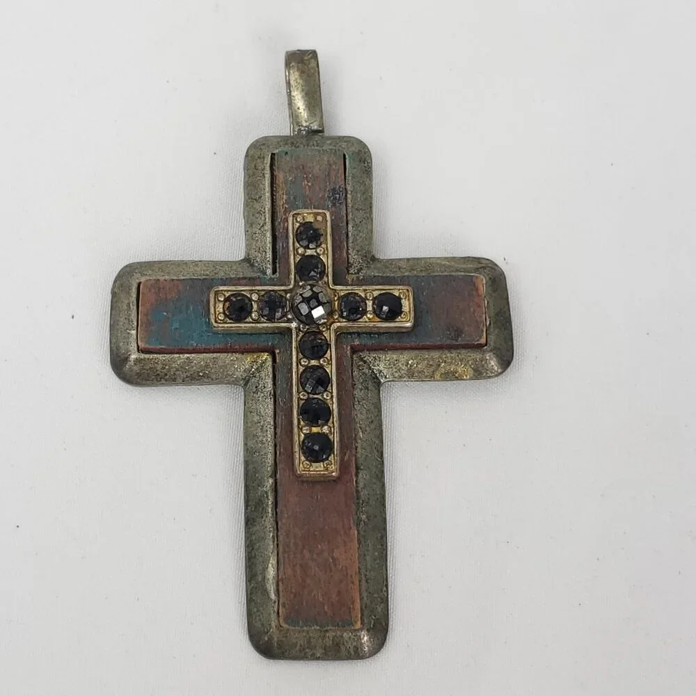 Metal & Wooden Rhinestone Large Cross Pendant - Picture 3 of 8